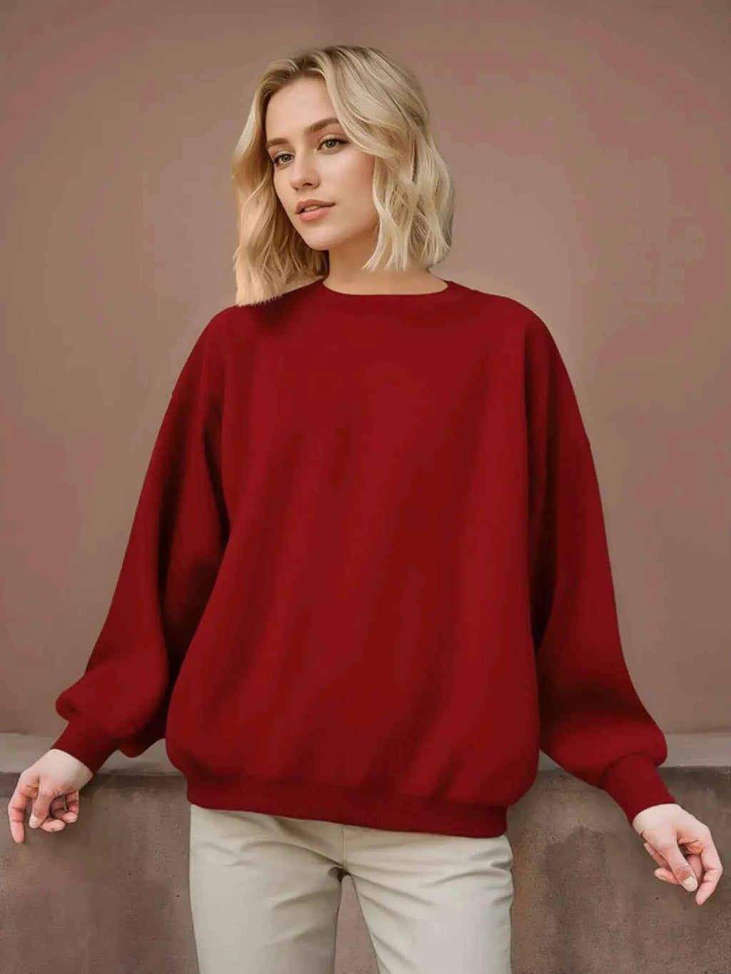 Oversized Round Neck Long Sleeve Knit Top Scarlet ff421a68-86f2-4b54-917f-53dde5f4f7bf-Max-Origin