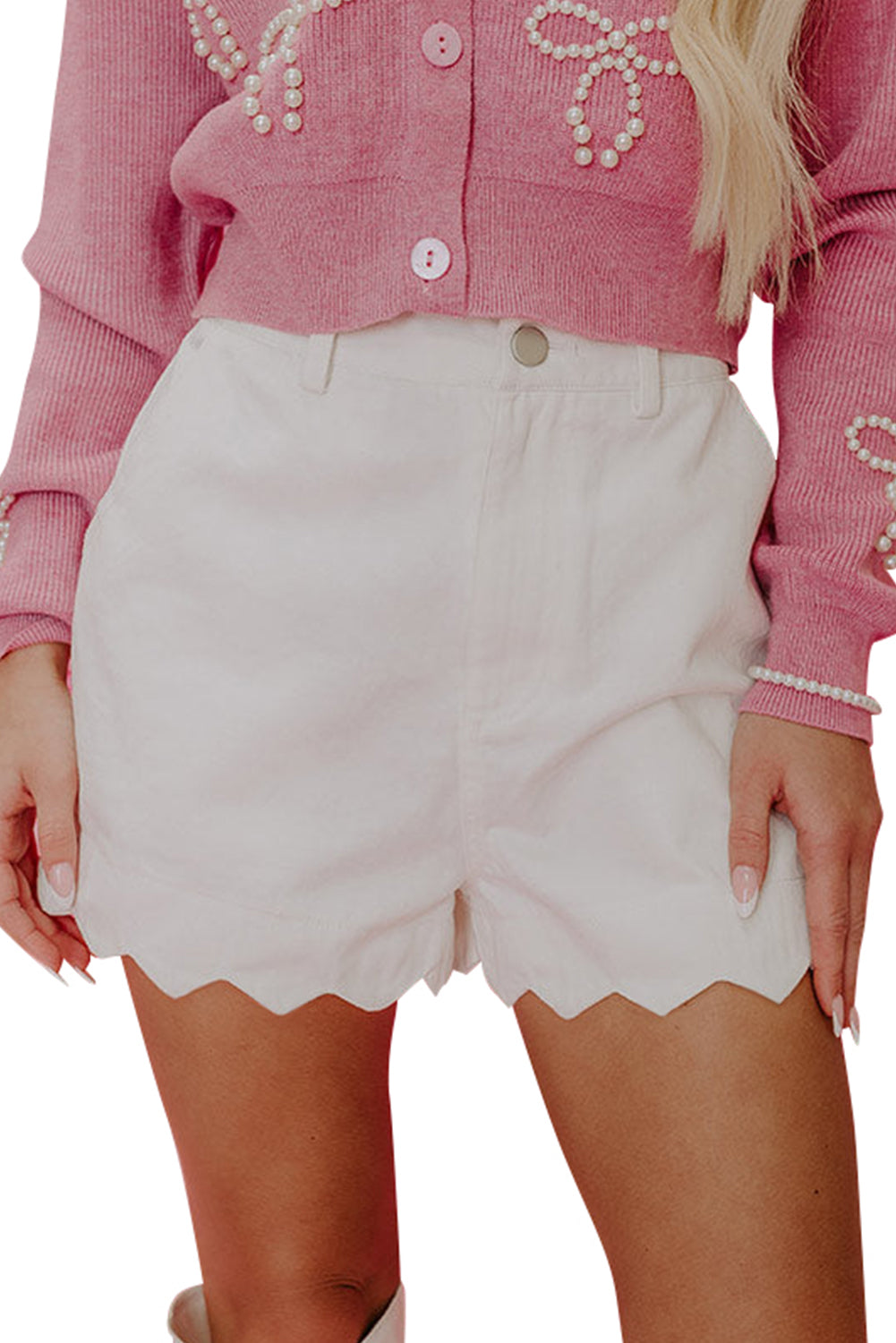 White Scalloped Hemline Light Wash Denim Shorts ff4a12e612c77f4f