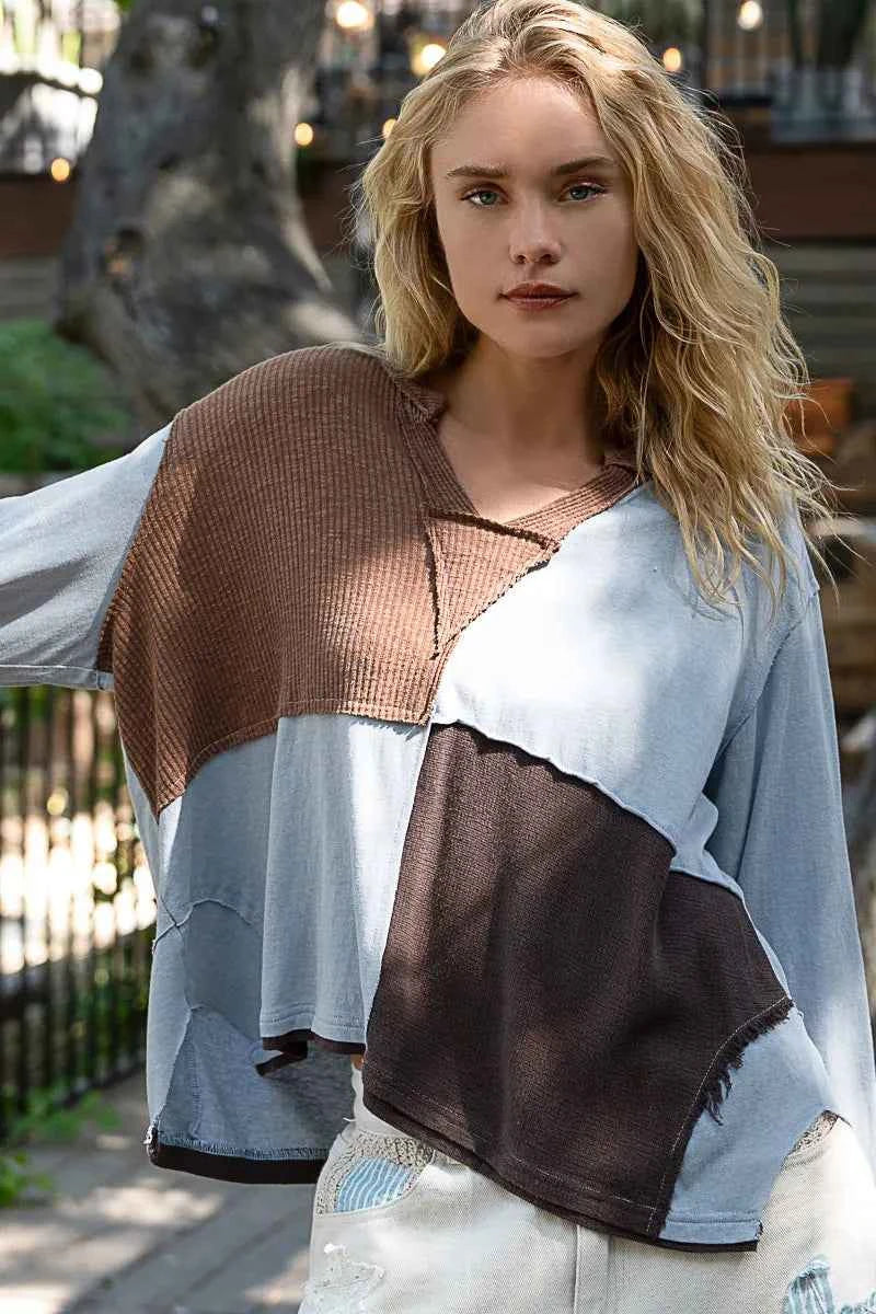 POL Color Block Notched Long Sleeve T-Shirt Light Blue ff4fe593-ae61-4025-946d-b303dbd8ce08-Max-Origin