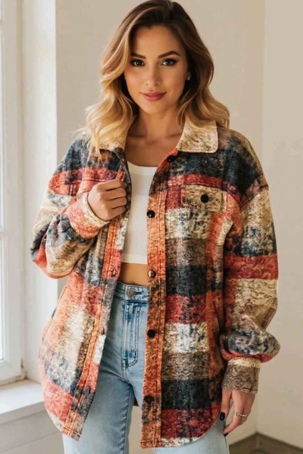 Double Take Button Up Plaid Fleece Shacket with Pockets Multicolor ff5b24d8-0ccf-48be-8b4b-f504a336b2a1-Max