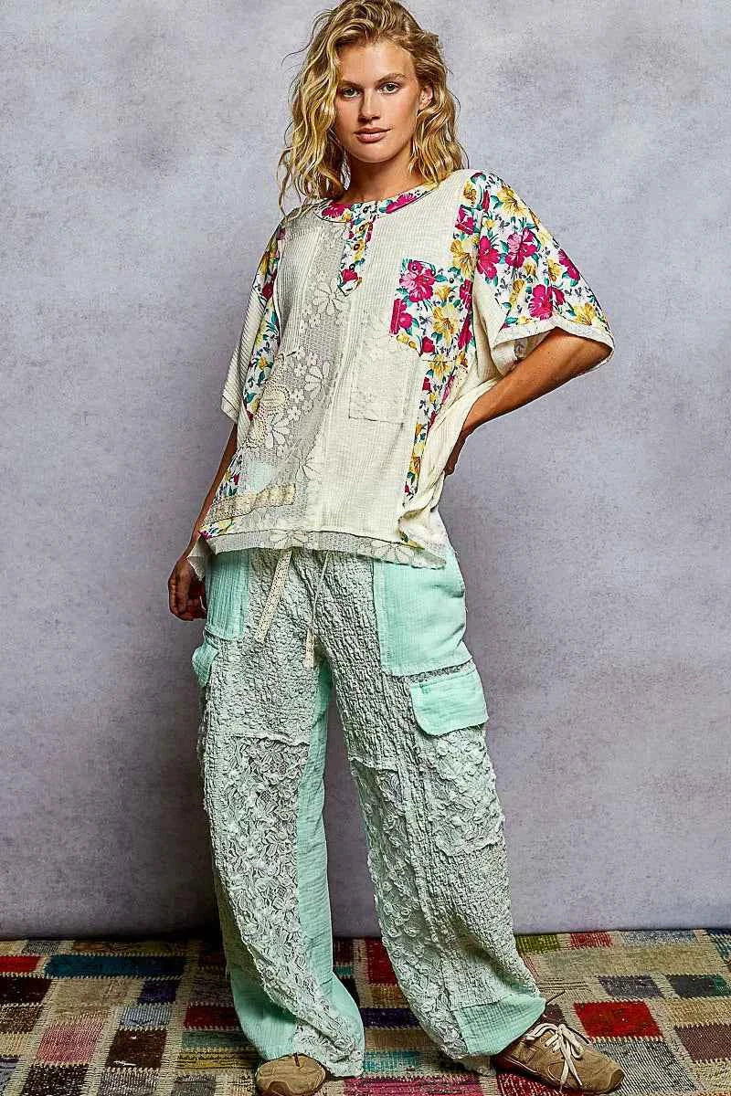 POL Lace Round Neck Short Sleeve Floral Pattern Top with Patch Detail ff5d2856-0a2c-4d27-8382-f6a8082bb2bb-Max-Origin