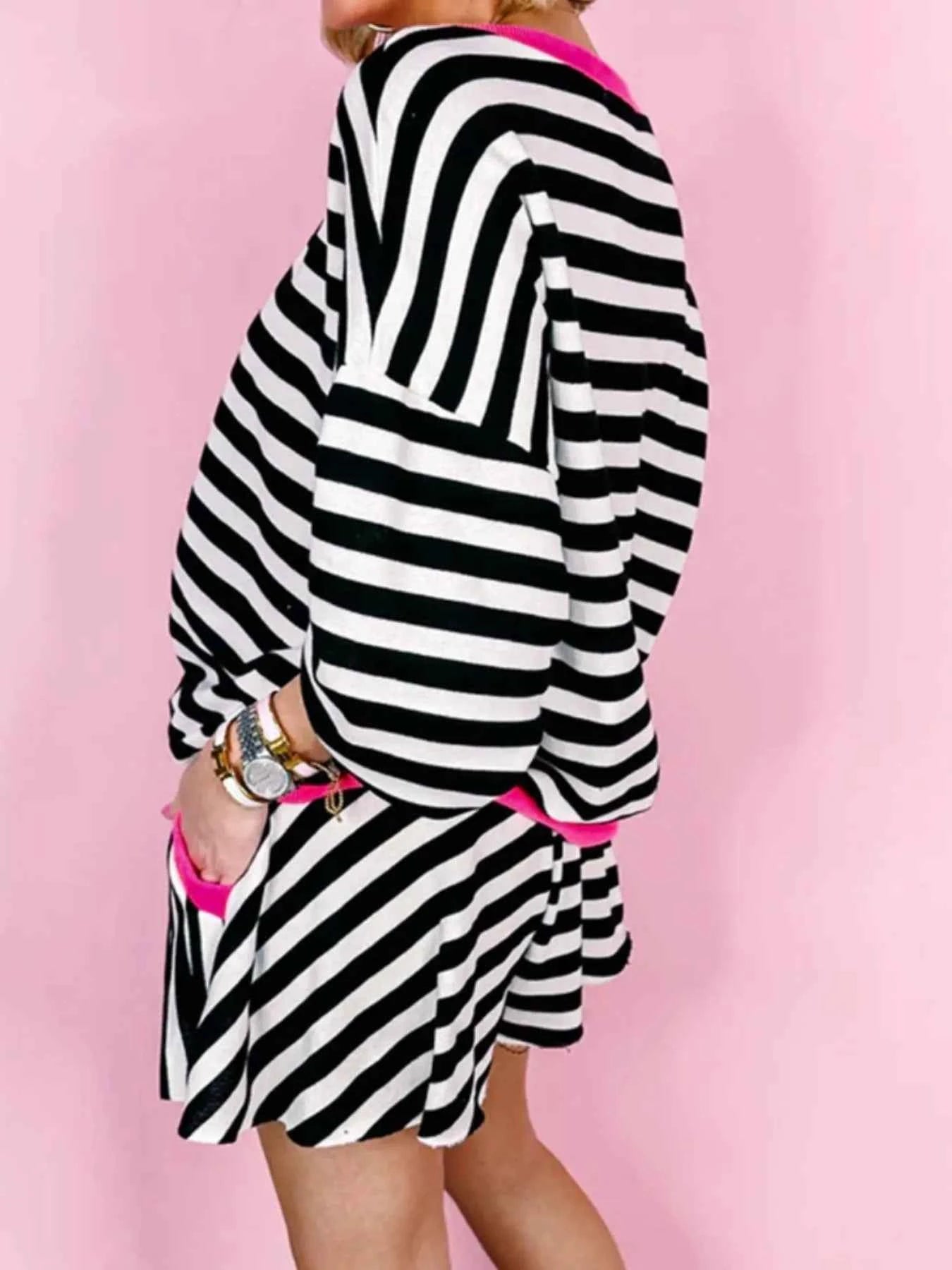 Stripe Contrast Ribbed Banding Long Sleeve Blouse and Loose Shorts Set ff5fdcd5-e0b9-4e08-9197-b5bcefdbfe2e-Max-Origin