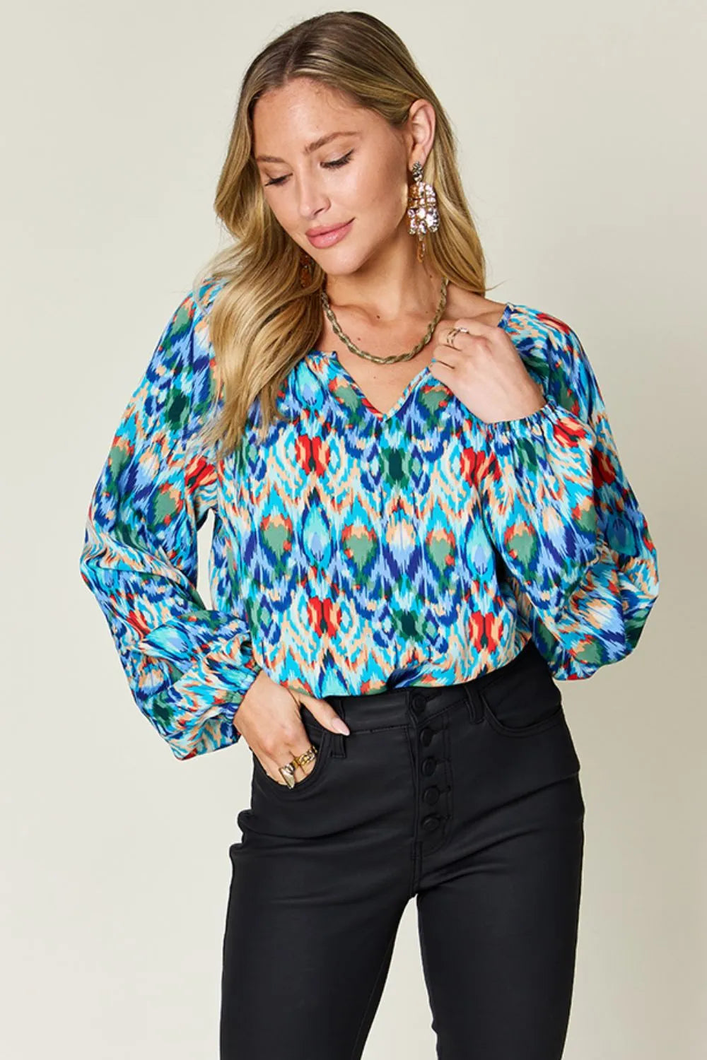 Double Take Full Size Printed Balloon Sleeve Blouse Sky Blue ff634516-b427-4ff0-8254-a25d45243930-Max