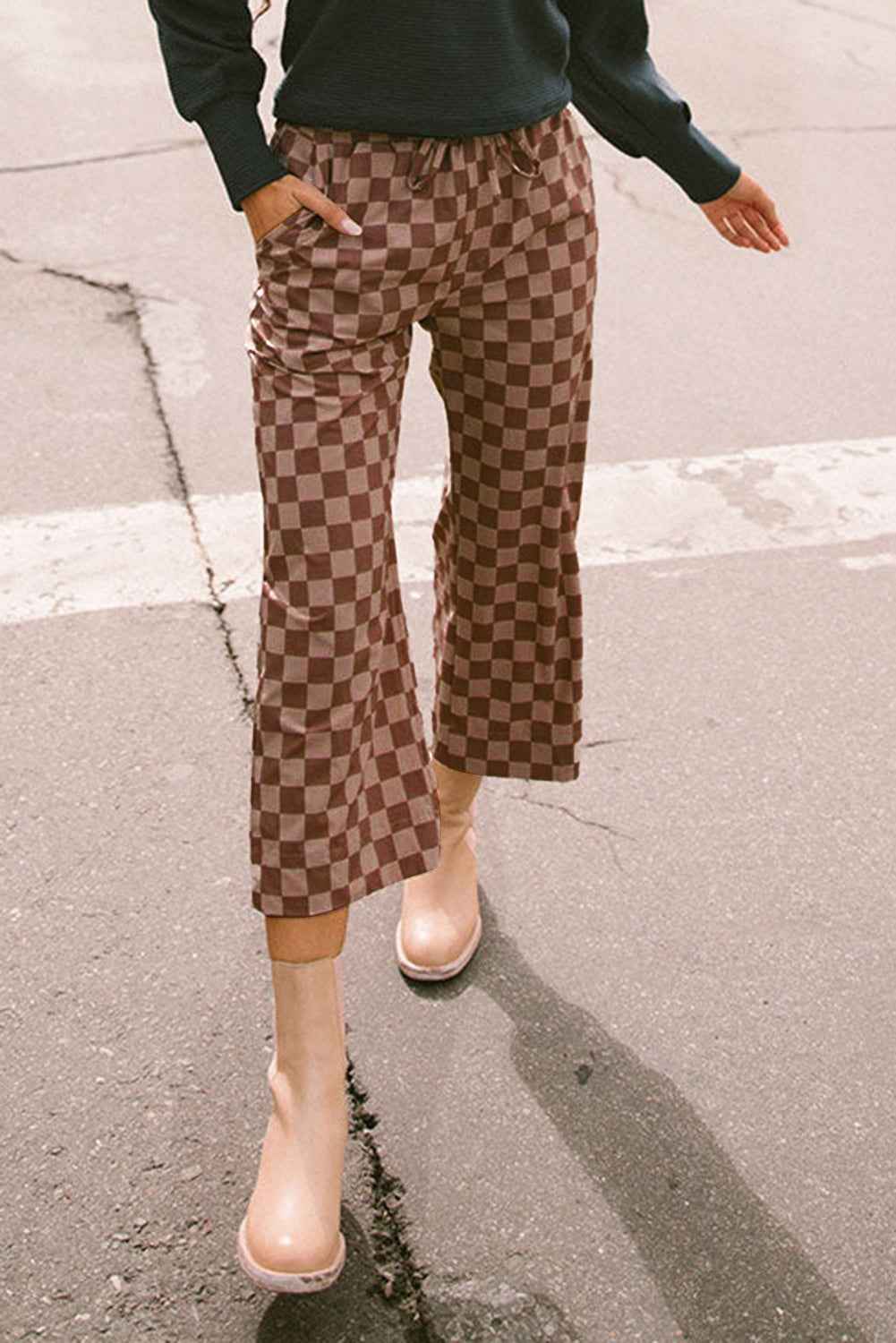 Khaki Tie Elastic Waist Checkered Loose Pants ff662cbd4c7836ac