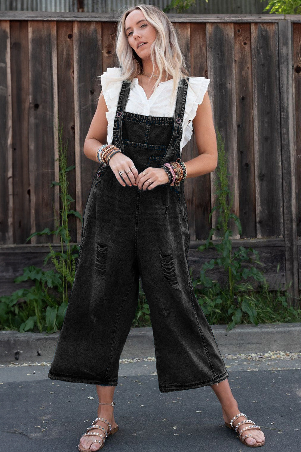 Black Distressed Bib Pocket Wide Leg Denim Overall ff67557658dbf841