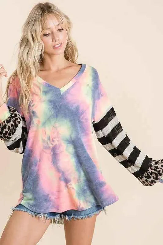 BiBi Tie Dye V Neck Top with Stripe Puff Sleeves CHARCOAL TIEDYE ff6a91cd36f74b69ae6e28ac3d96d6ff-Max-Origin