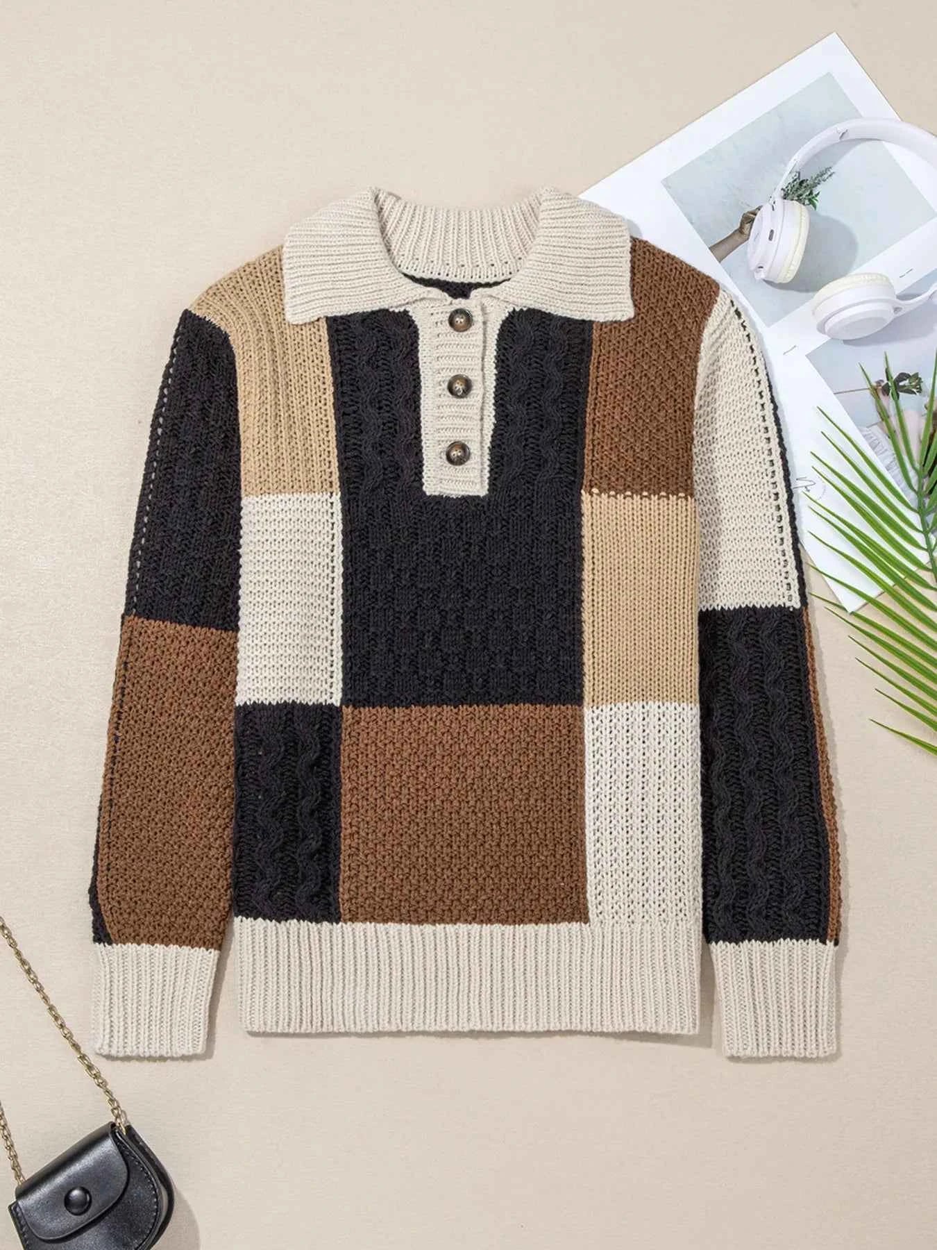 Multicolour Color Block Cable Knit Sleeve Buttons Collared Sweater ff6b07c47ea847898d06403384e816d6-Max-Origin
