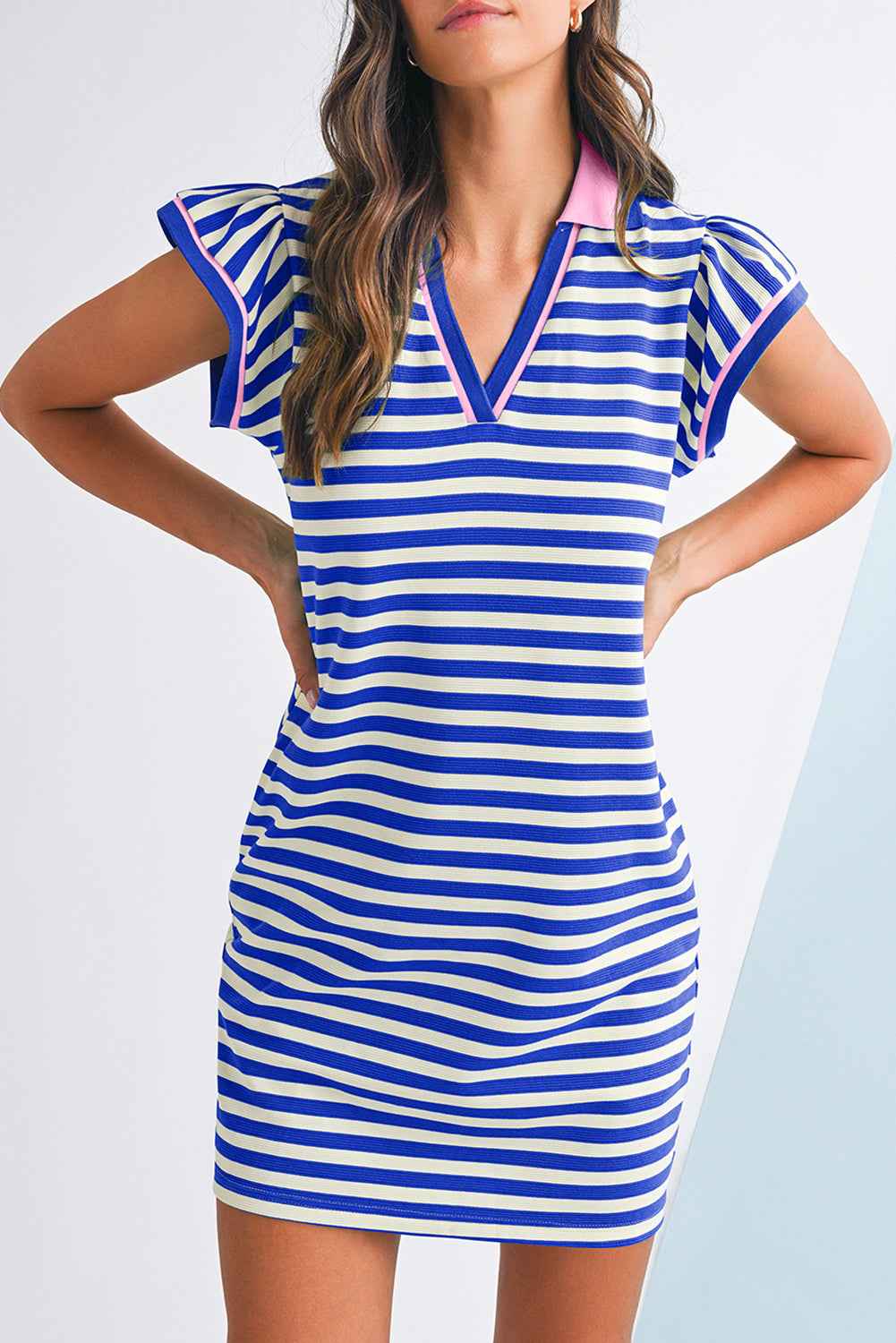 Dark Blue Striped Ruffle Short Sleeve Pop of Color Neckline Dress Dark Blue ff6c58a153bbc723