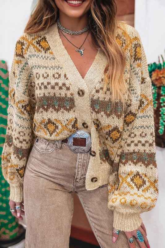 Western Knit Buttoned V-Neck Cardigan Sweater Khaki ff6c9031-0b63-46e8-8b9b-60e1c6b521ee