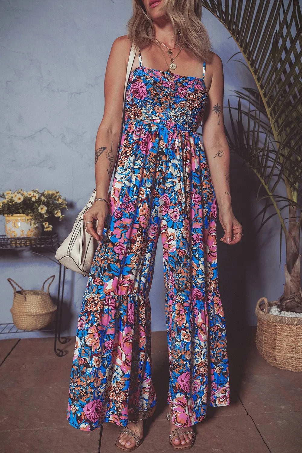 Floral Smocked Spaghetti Straps Wide Leg Jumpsuit ff732a00-38af-4473-aa7b-05319f8c76fd-Max