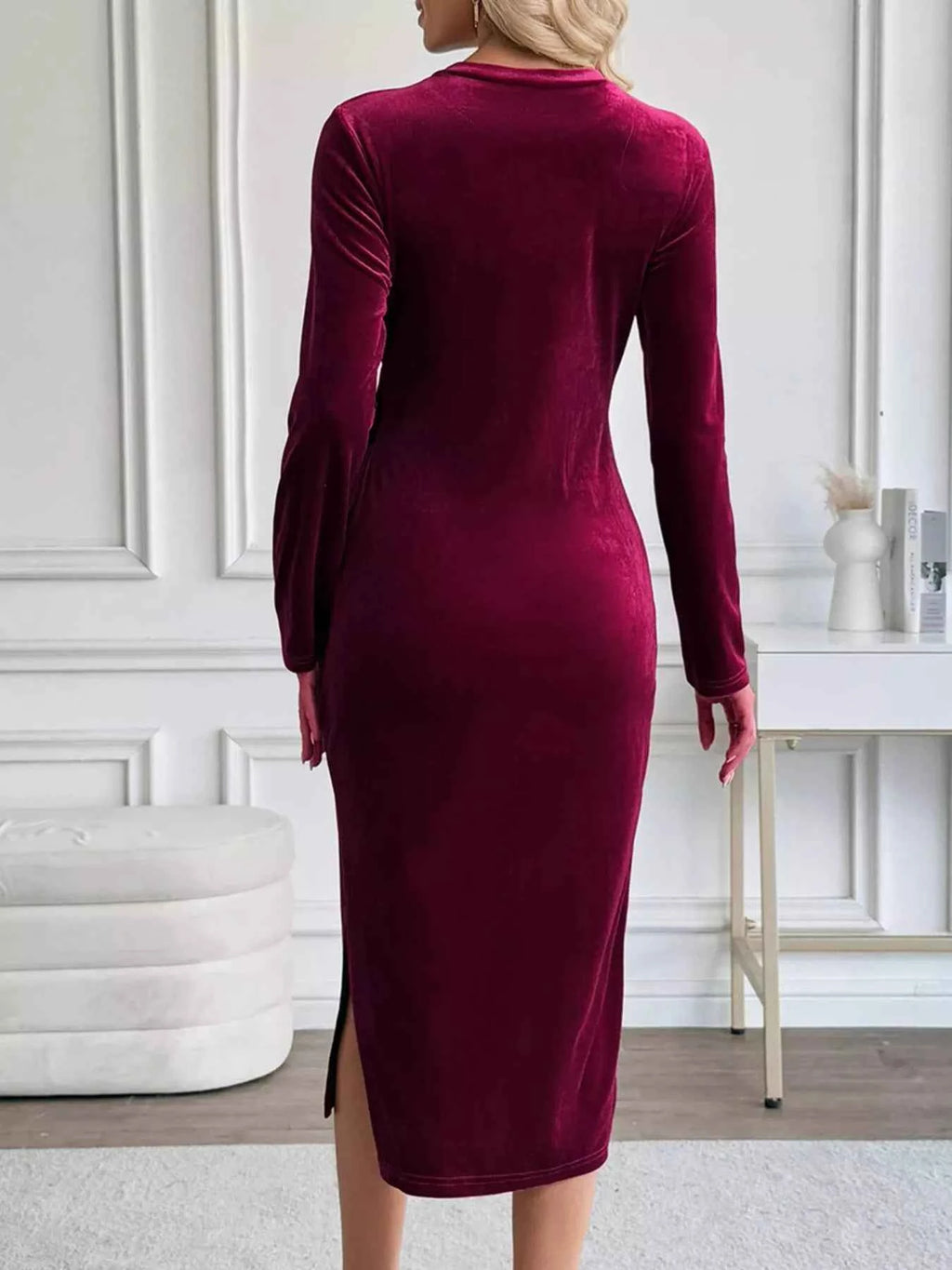 Velvet Slit Round Neck Long Sleeve Dress with Side Tie Detail ff83b25a-c145-4ab4-8623-271a84ea373b-Max-Origin