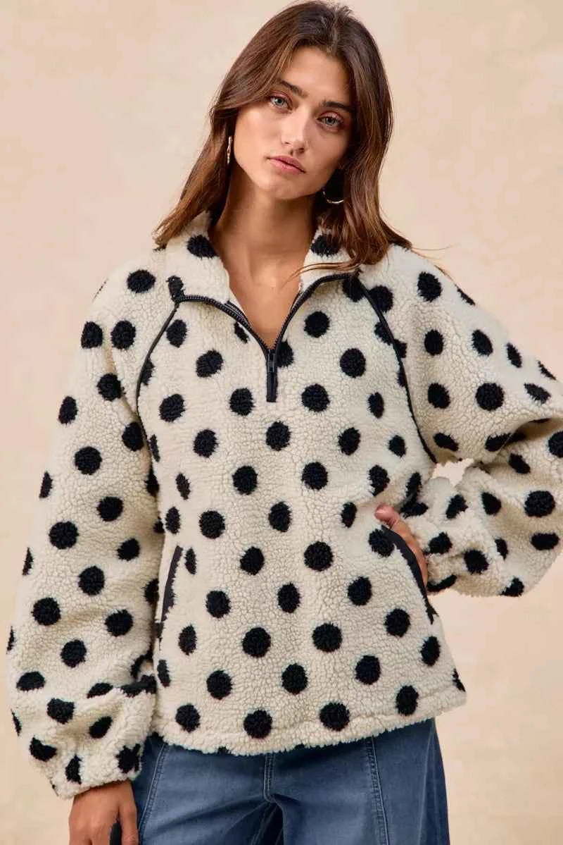 BiBi Polka Dot Sherpa Half Zip Up Top with Side Pocket ff8abfad-2757-4231-8bda-92654bf48ee0-Max-Origin