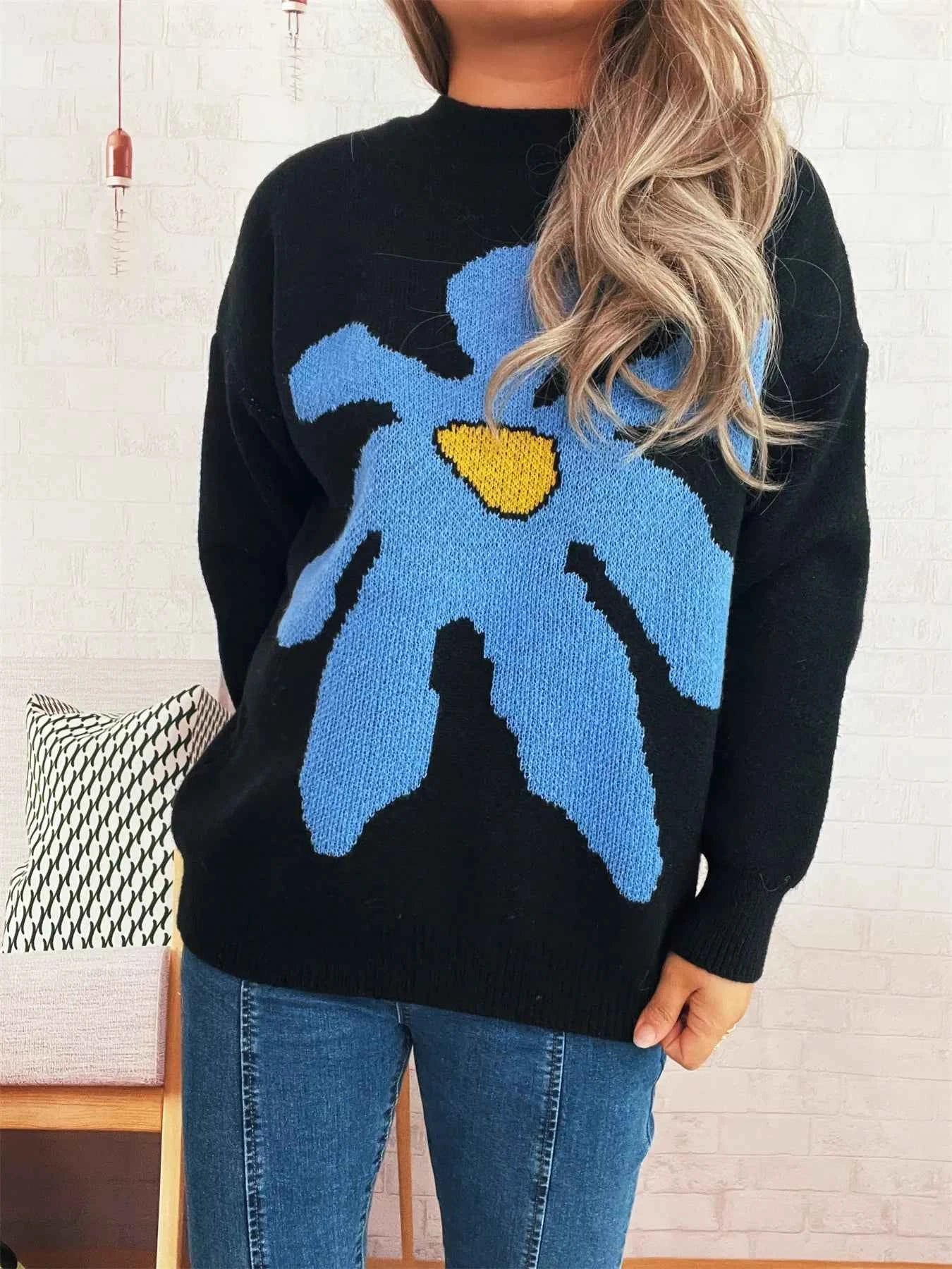 Flower Dropped Shoulder Sweater Black One Size ff8df61193db4004bada7f542f3357b1-Max-Origin