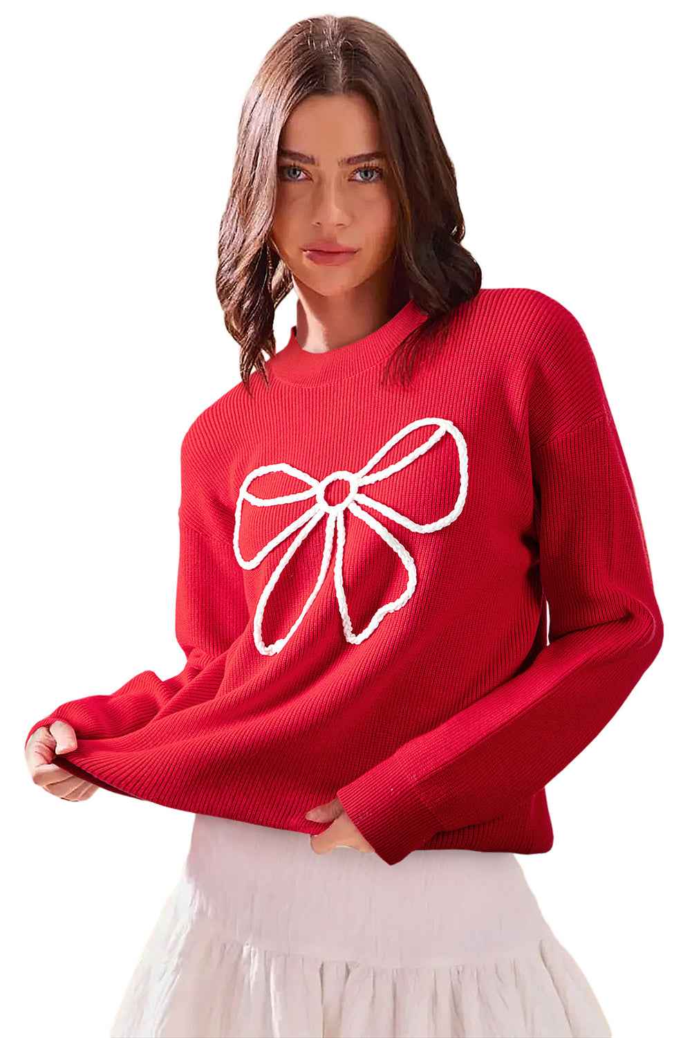 Fiery Red Braided Bow Pattern Sweater ff9de7809c4045e9