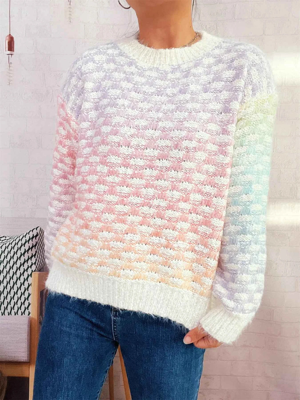 Rainbow Gradient Round Neck Sweater ffa4a799c83d433e91e6c998f2786271-Max-Origin