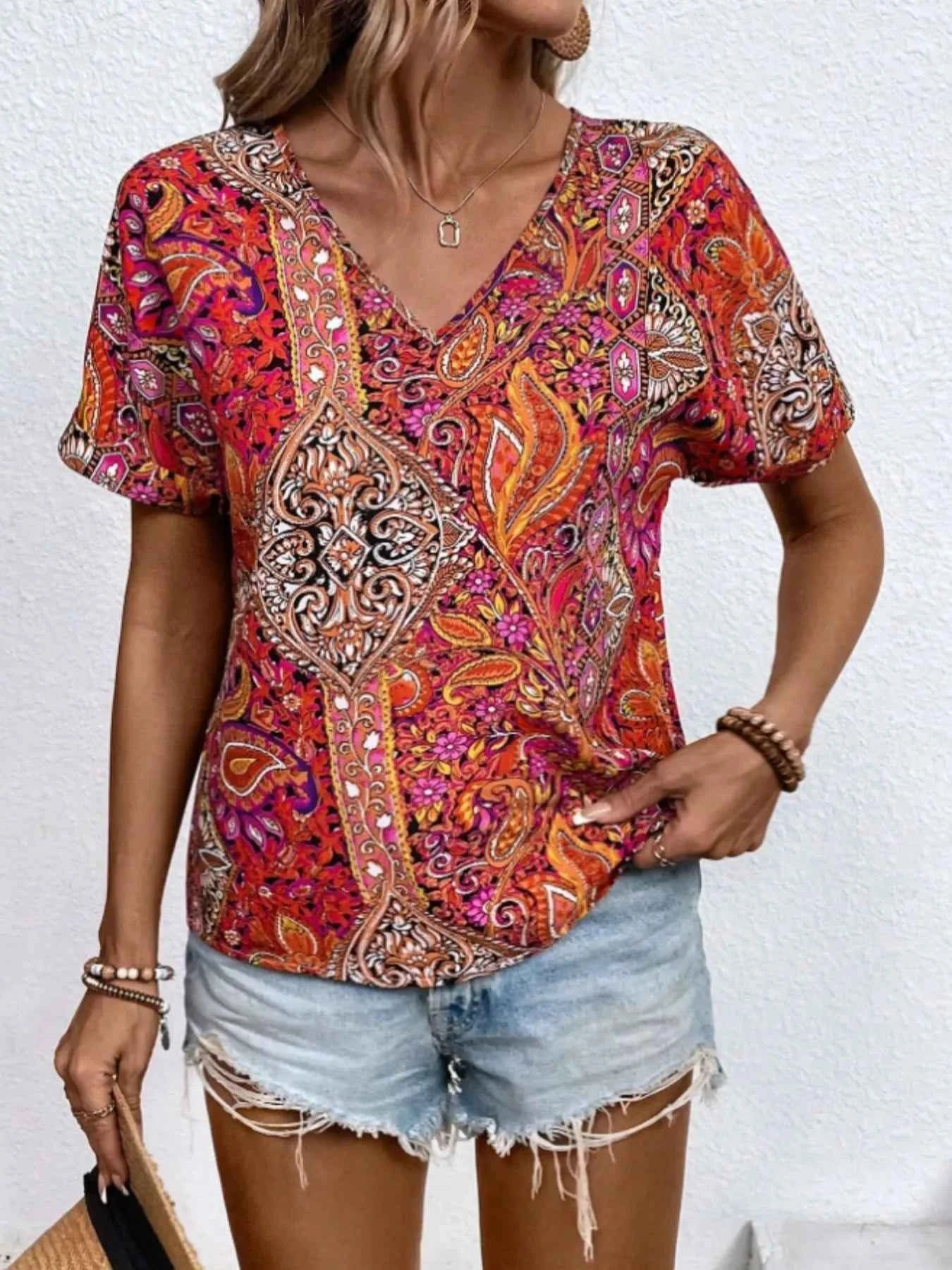 Bohemian Paisley Print V-Neck Short Sleeve T-Shirt Scarlet ffa818e5-9c07-4cb4-a1f2-4a296cc12e0c-Max-Origin_af59eda5-aeeb-49cc-93a3-e63c79cc9ea6