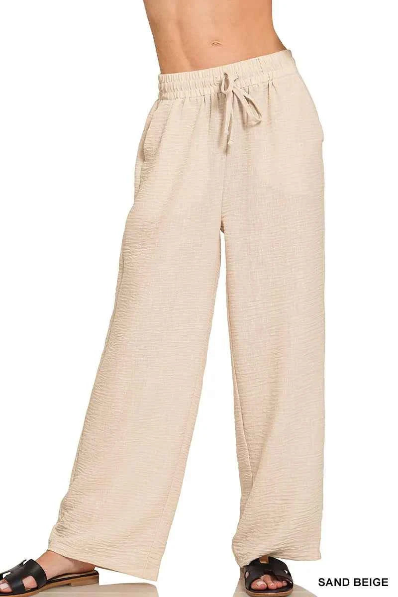 Zenana Woven Crepe Elastic Band Pants SAND BEIGE ffac7d7eff274f99a8c5d1c900c029ff-Max-Origin