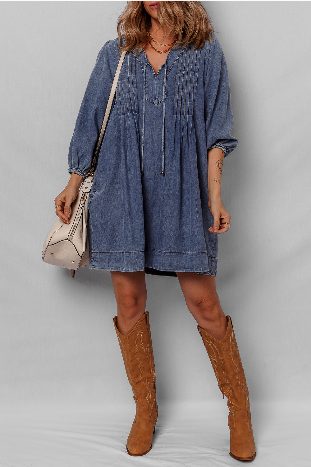 Sail Blue Pleated V Neck 3/4 Sleeve Denim Mini Dress ffb413e839957f56