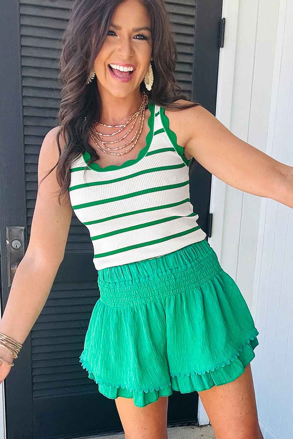 Bright Green Scalloped Edge Striped Ribbed Tank Top ffc9e2b6246e973a