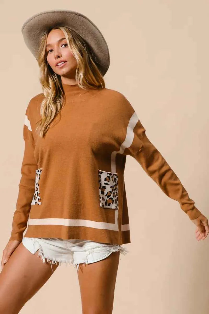 BiBi Mock Neck Sweater with Leopard Pocket ffe0dfd137744403b39555e0bd4761fe-Max-Origin