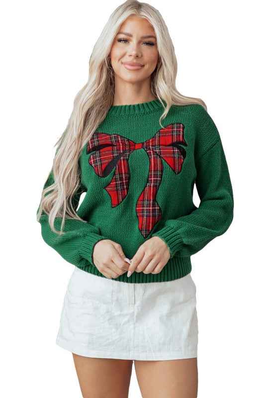 Plaid Bow Drop Shoulder Christmas Sweater ffe7f657-2350-4e26-add0-ecb579144330