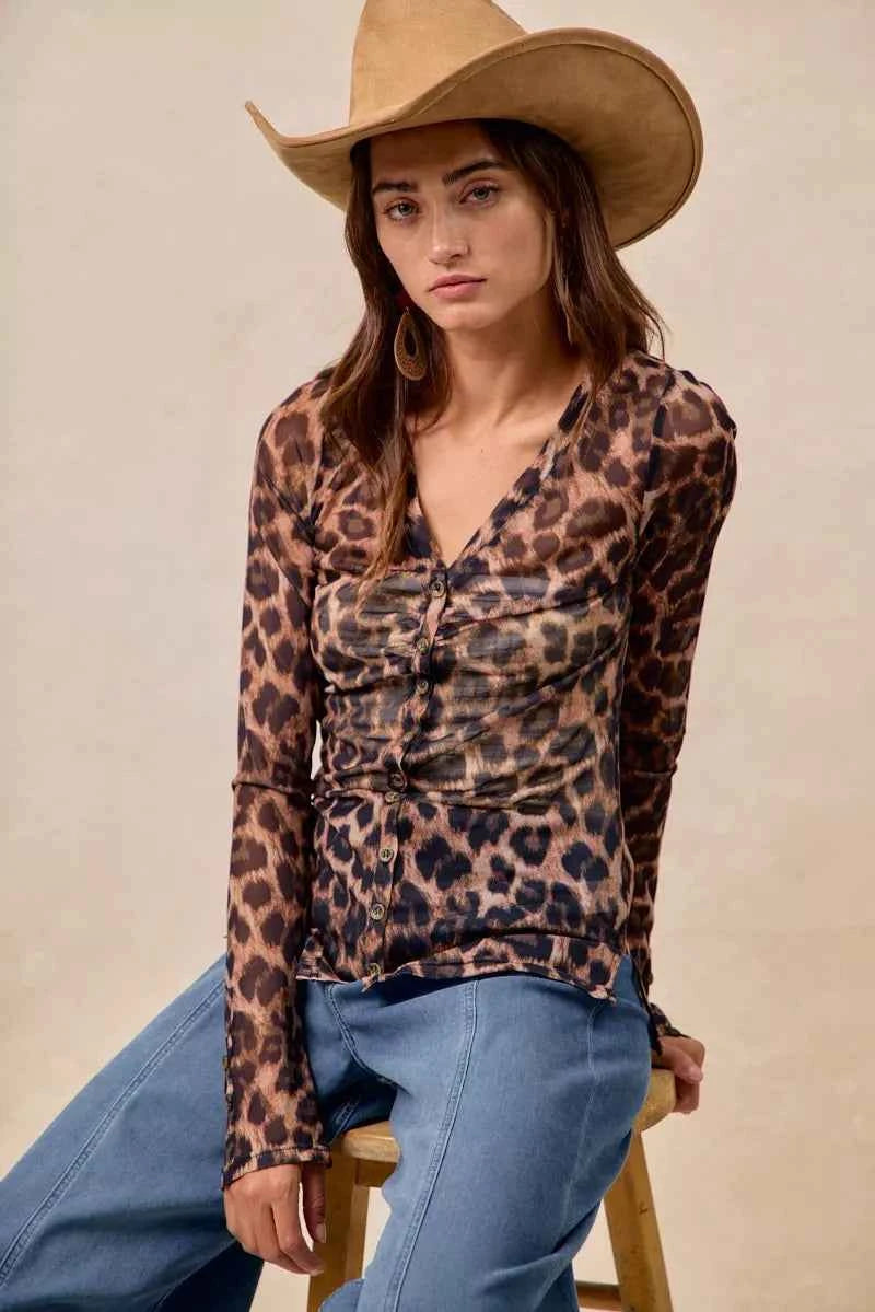 BiBi Leopard Printed Mesh Shirt With Button Up V Neck ffef1715791f44fbb47a2269b1d4e95a-Max-Origin